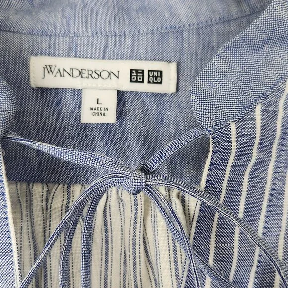 JW Anderson Uniqlo Sz L Linen Blend Boho Blue White Striped Tie Neck Top Blouse - Picture 3 of 7